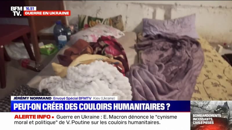 Ukraine: les habitants de cet immeuble à Kiev se réfugient au sous-sol pour se protéger des bombardements