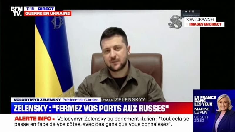 Volodymyr Zelensky appelle à “fermer les ports” aux Russes et à “bloquer les actifs” des oligarques devant le Parlement italien