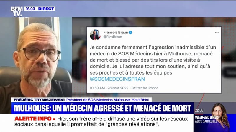 Médecin agressé à Mulhouse: “Nous irons [faire nos consultations] la peur au ventre, les prochains jours”, s’inquiète Frédéric Tryniszewski (SOS Médecins)