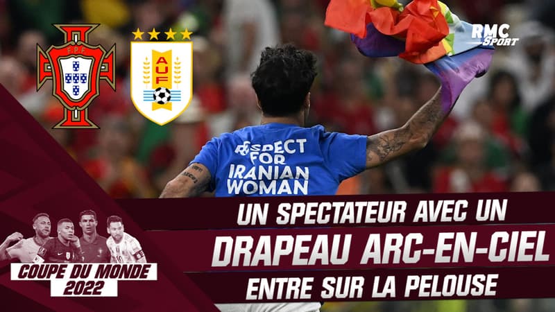 Portugal-Uruguay : Un spectateur avec un drapeau arc-en-ciel rentre sur la pelouse