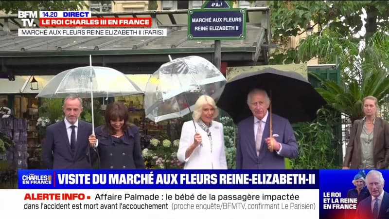 L’arrivée du roi Charles III au marché aux fleurs renommé Reine Elizabeth II sur l’île de la Cité accueilli par Anne Hidalgo