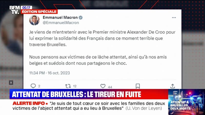 Attentat à Bruxelles: Emmanuel Macron dénonce un “lâche attentat” et exprime sa solidarité “à nos amis belges et suédois”