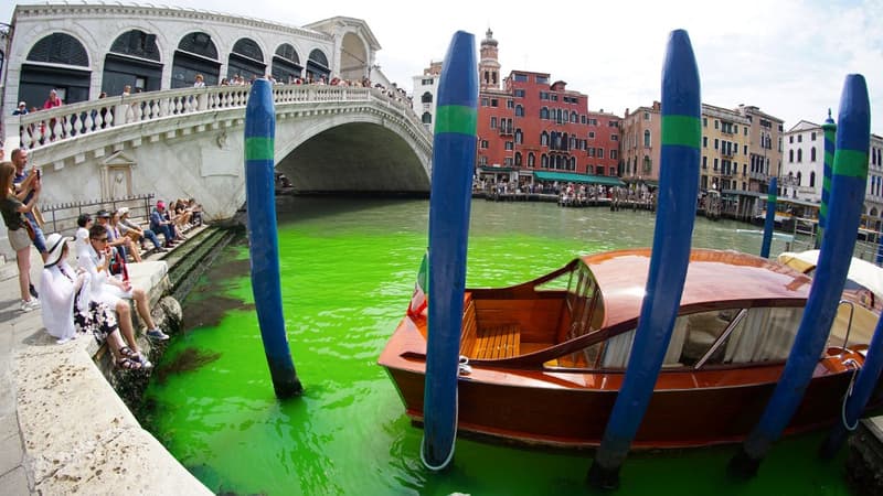 Venise, Milan, Rome… Des cours d’eau teints en vert par Extinction Rebellion pour dénoncer la COP28